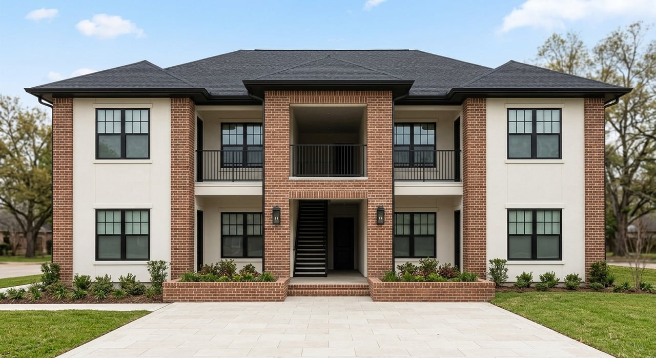 Compact brick apartment building with a central entry arcade, breezeway, palms, and a low planted court.