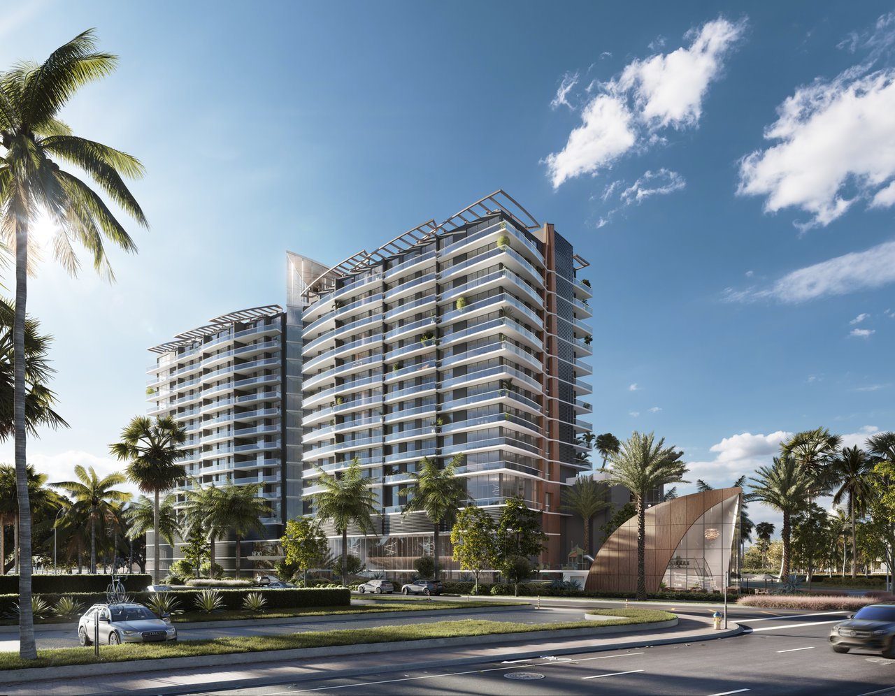 NEXO Residences rendering with two modern residential towers, curved balconies, and palm-lined landscaping.