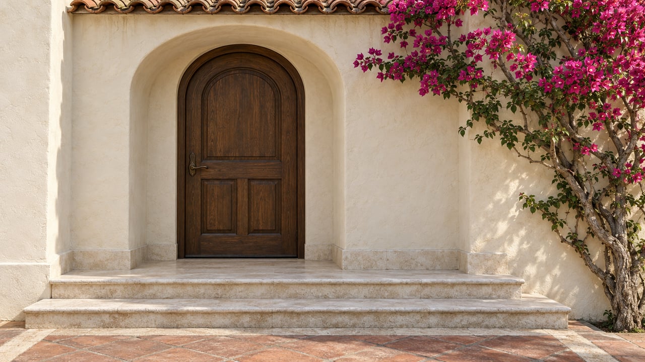 Ivory stucco arch surrounding a dark oak entry door above worn limestone steps, with magenta bougainvillea against the wall.