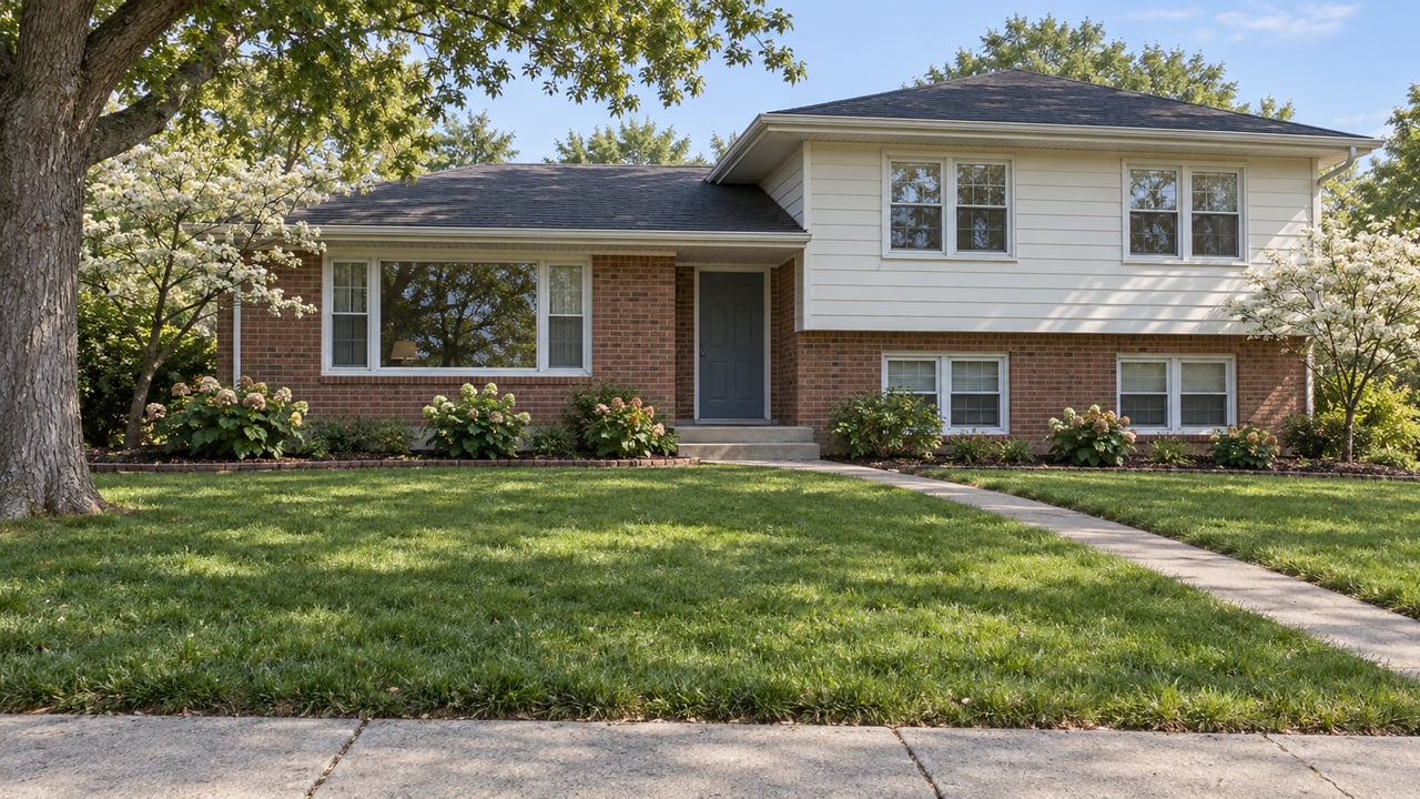 A well-kept brick split-level home behind a deep green lawn, with a mature oak and flowering shrubs in bright morning light.