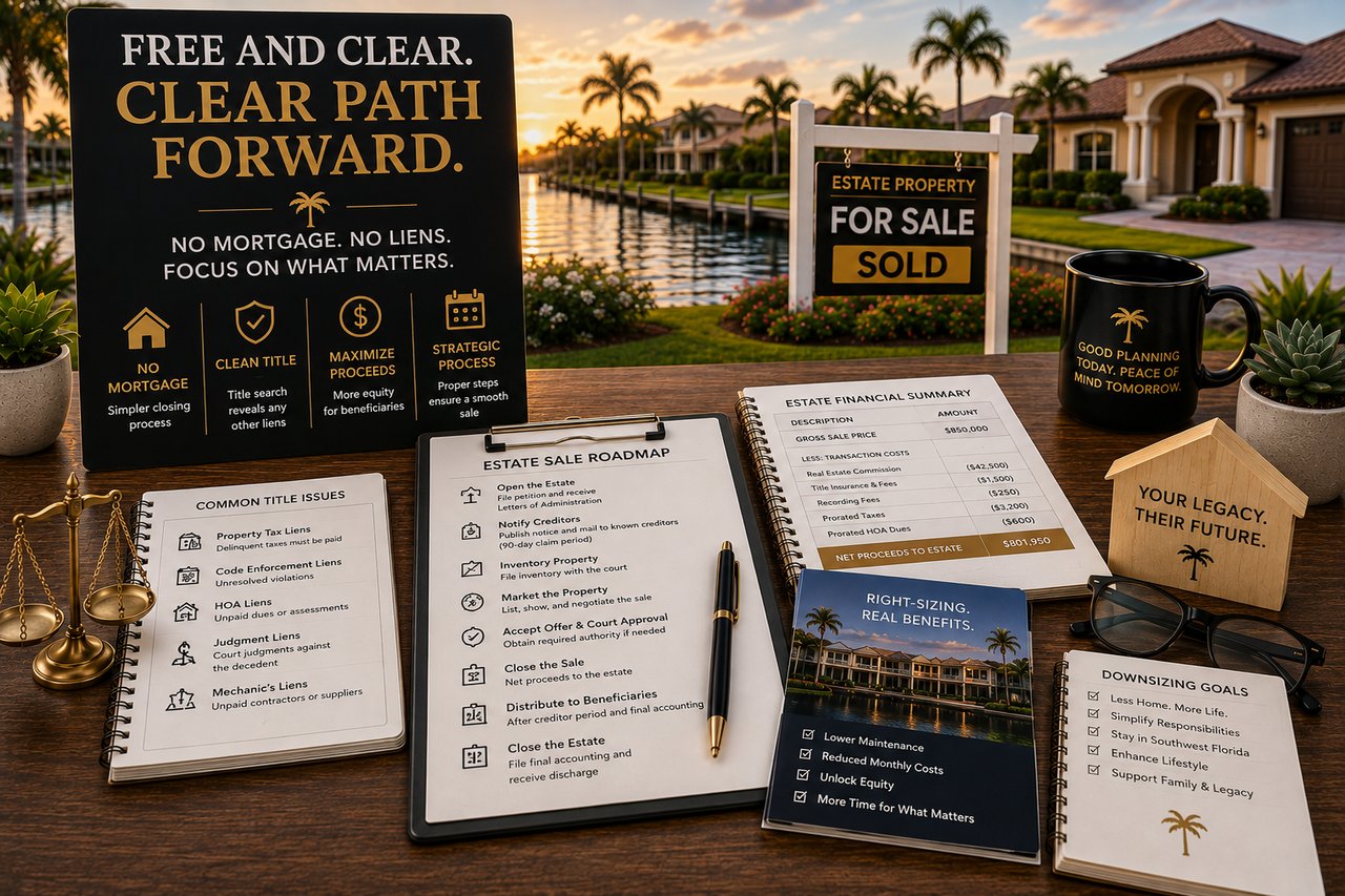 A staged real estate scene illustrating the sale of a free-and-clear estate property in Southwest Florida, highlighting probate administration, title review, estate planning, and mortgage-free home sales in Lee and Collier Counties.