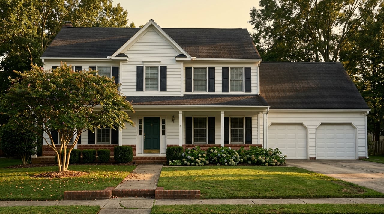 Two-story white Colonial Revival home with brick foundation, black shutters, green front door, and broad lawn.