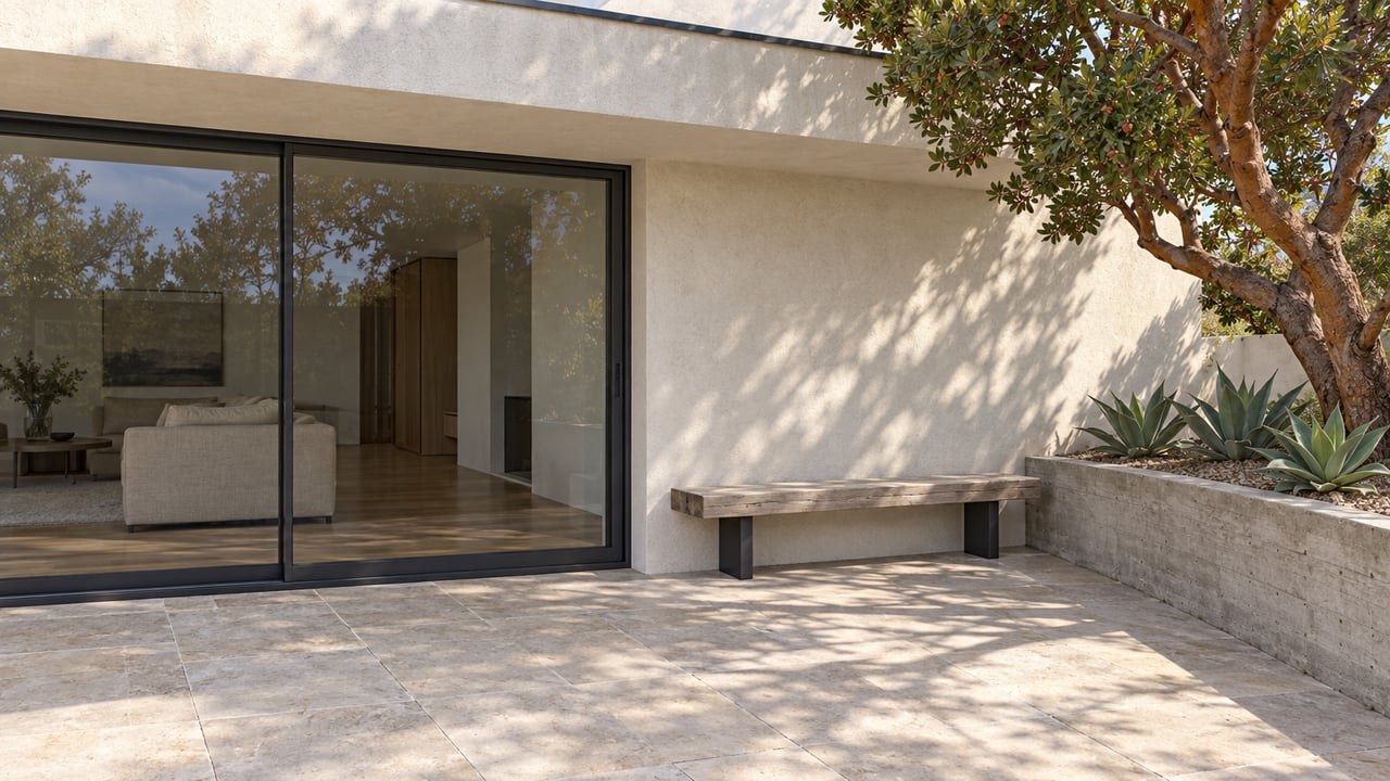 Sunlit contemporary home terrace with limestone paving, closed dark-framed glass doors, a teak bench and a raised planted bed.