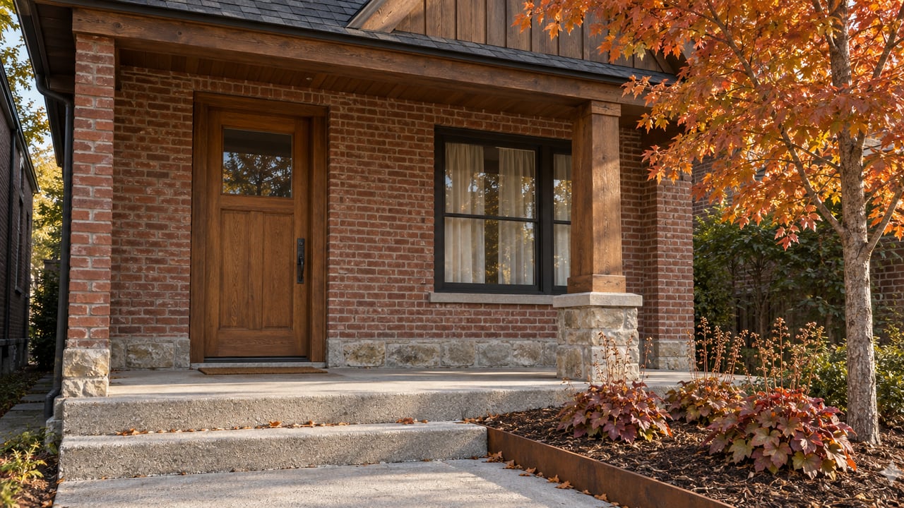 Autumn sunlight falls across a brick home's sheltered wood entry, concrete steps and maple foliage.
