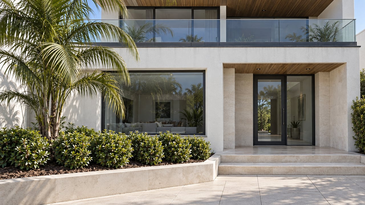 Sunlit white-stucco home with a glass balcony, cedar soffit, limestone entrance and a specimen palm beside the paved approach.