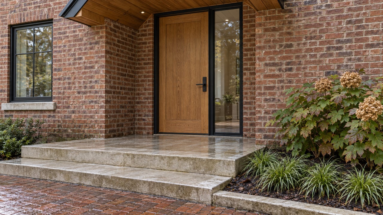 Brick residential entry with an oak door, glazed sidelight and limestone steps beside an oakleaf hydrangea.