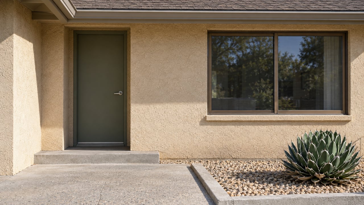 Sunlit stucco home entrance with an olive door, bronze-framed window, concrete walkway and a single compact agave in a gravel bed.