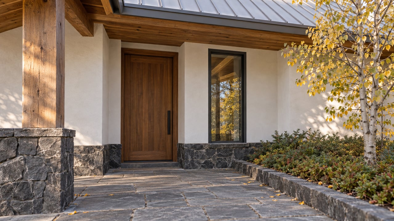 Recessed timber entry door beside a tall window, basalt-clad base, and stone-paved approach under a deep eave.