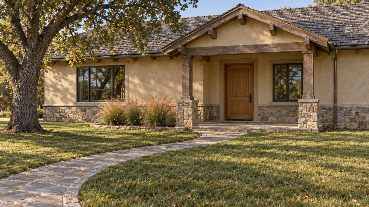 A single-story plaster and stone home with a weathered shingle roof, deep front lawn, curving stone walk and mature spreading oak.