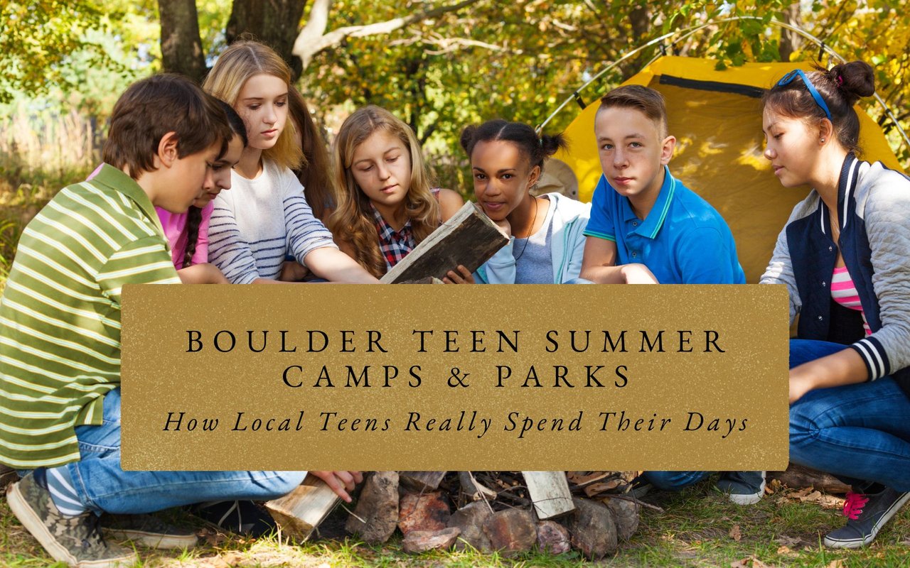 Group of teens wearing backpacks and helmets gathered with a counselor at the base of a Boulder foothills trail on a sunny summer morning.
