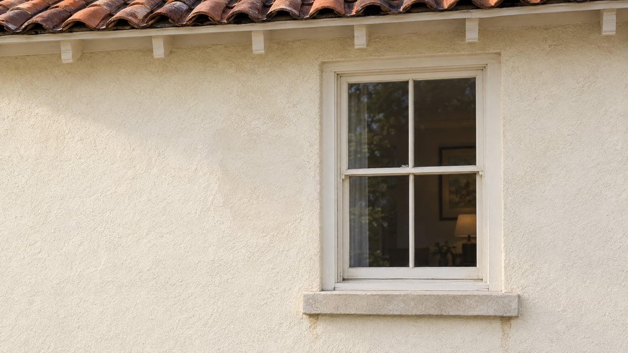 A tall four-pane wood sash window set in ivory stucco beneath a clay-tile eave.