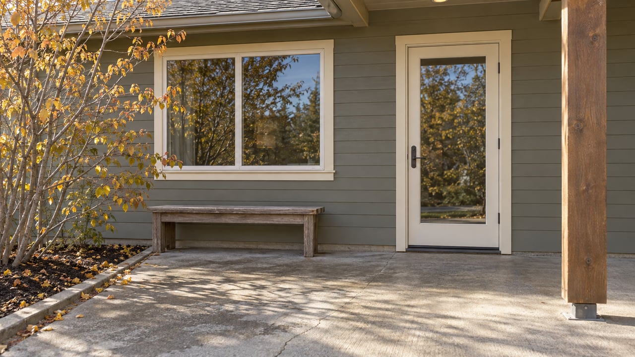 Autumn sunlight crosses a concrete patio beside a gray-green lap-sided home, with a glazed back door, weathered cedar bench, and yellow-leaved serviceberry.