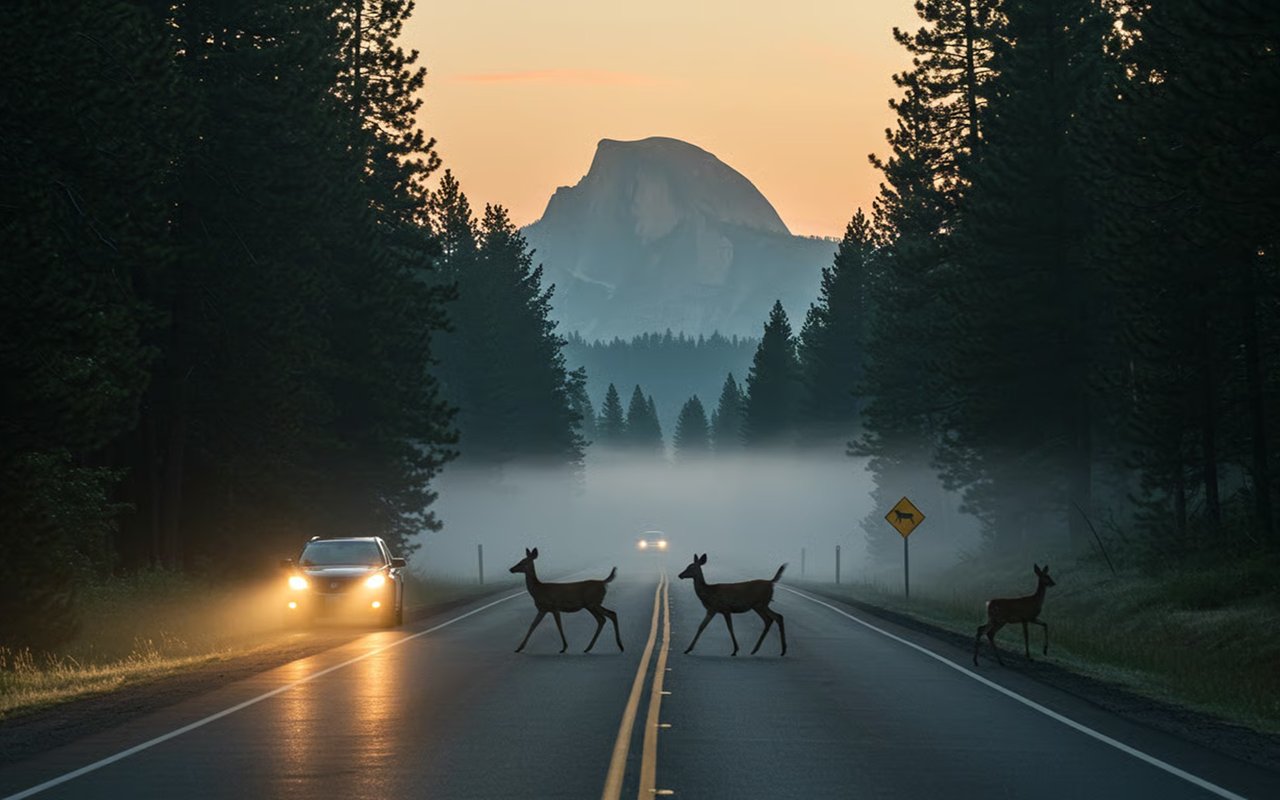 Deer cross a foggy forest road as cars approach beneath a mountain at dusk.