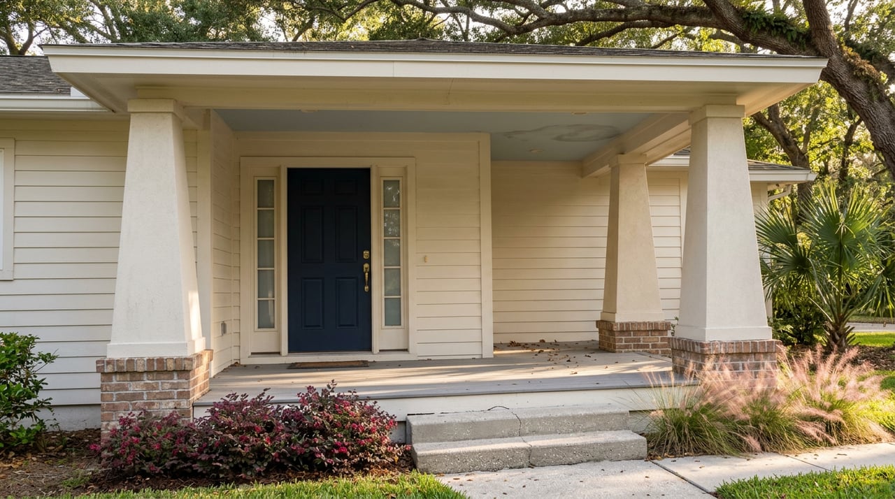 Covered entry with a navy door, stucco columns, and oak branches casting dappled light across the porch.