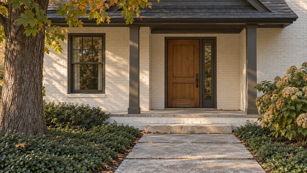 Off-white brick house with a recessed oak door, limestone approach slabs, and sparse autumn foliage.