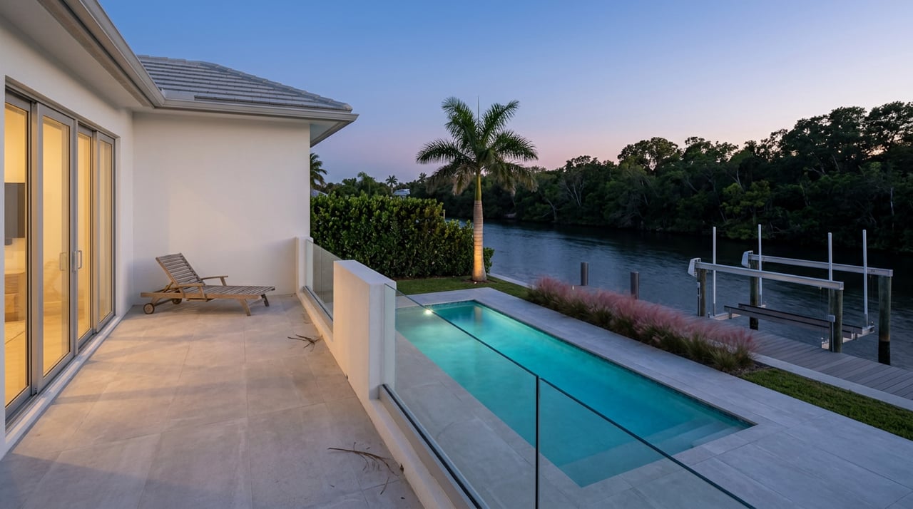 Canal-side pool terrace at blue hour, with turquoise water, a teak lounge chair, and warm light spilling from glass doors.
