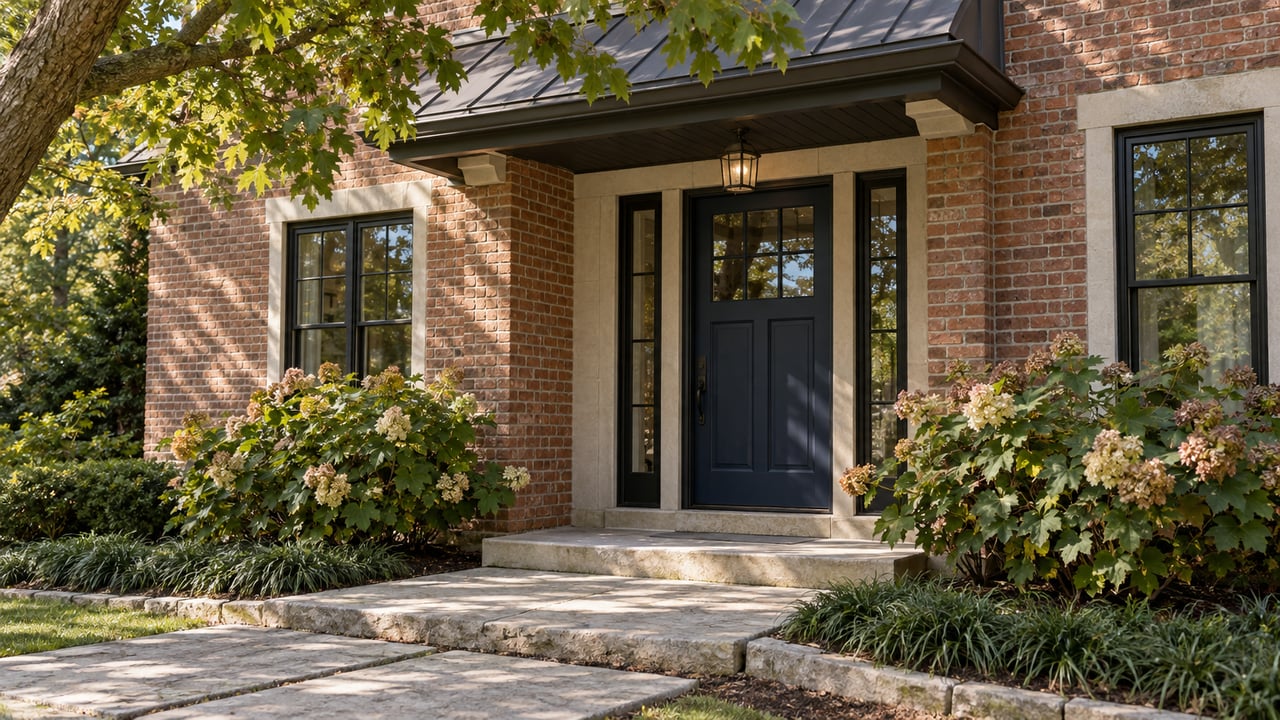 Brick home entry with a navy glass-paneled door, flanking windows, limestone steps, and oak canopy.