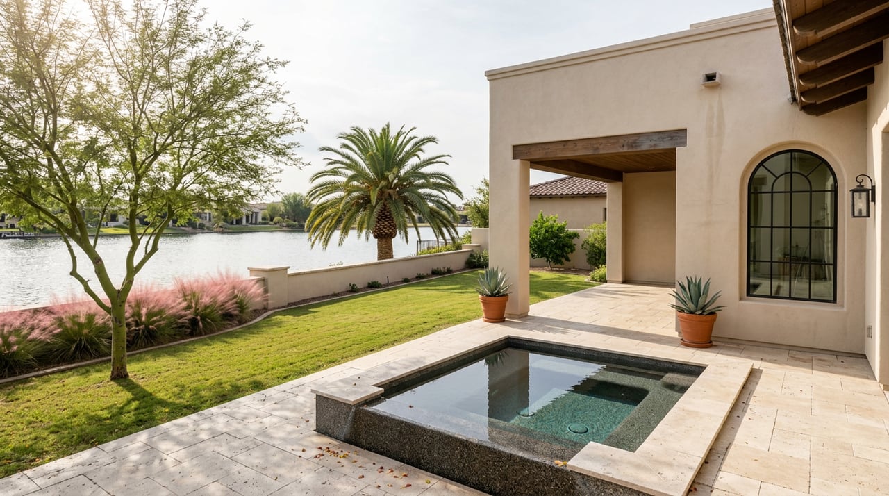Lakefront home with a covered timber-beam patio, raised spa, manicured lawn, and palm across the water.