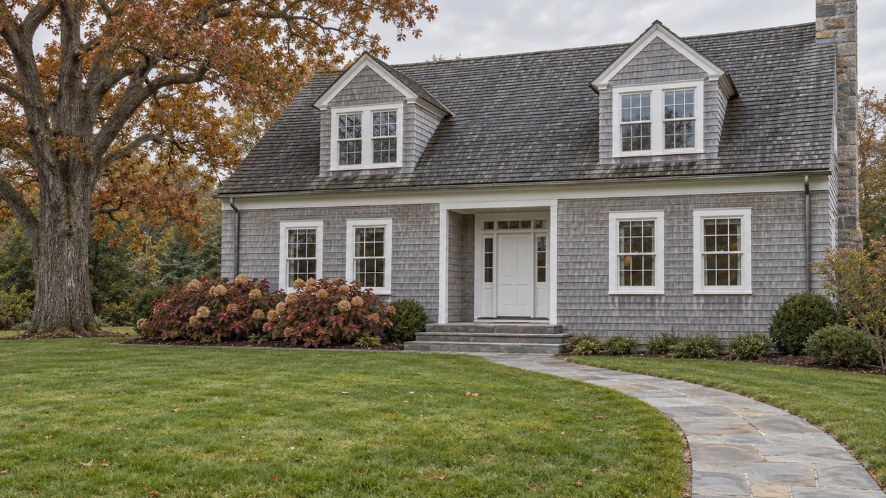 Weathered cedar-shingle house with white-trimmed windows, a deep autumn lawn and a curving bluestone entrance walk.