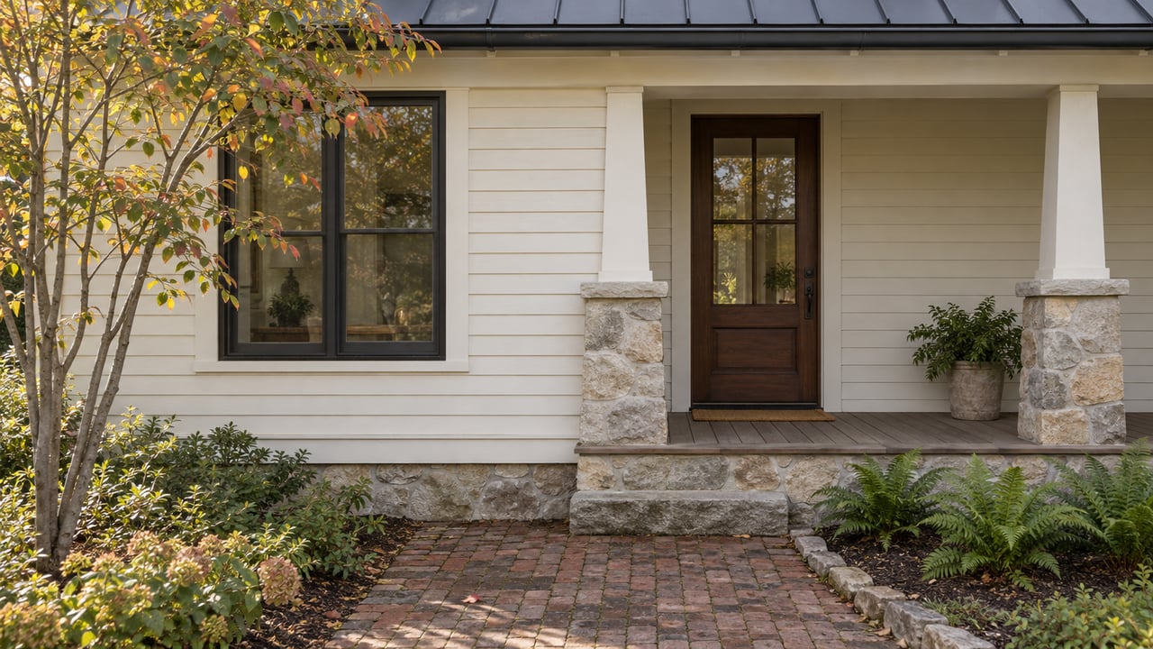 Older cottage with an off-white clapboard facade, dark entry door, brick approach, and small planted bed.