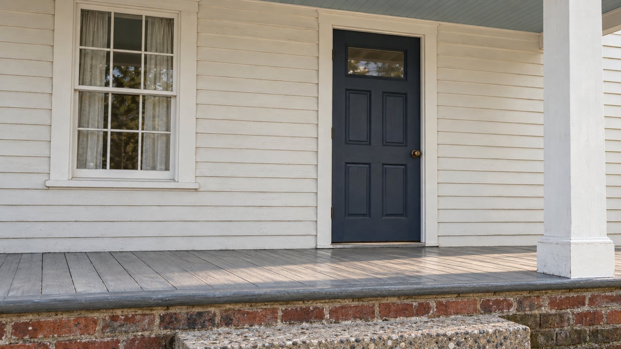 Close view of a warm-white clapboard home's covered porch, navy entry door, sash window, worn gray floorboards and brick foundation above a shell-aggregate step.