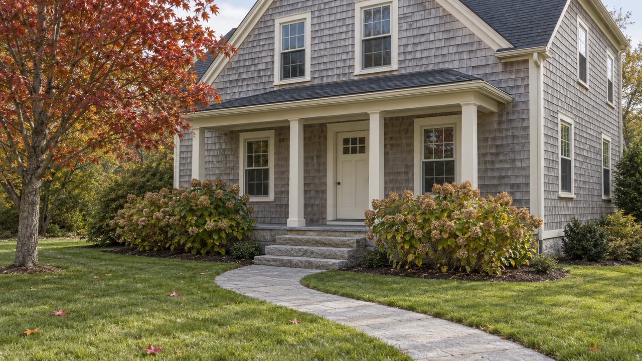 Weathered cedar-shingle home with cream trim, a covered entry, granite walkway, and a deep autumn lawn.