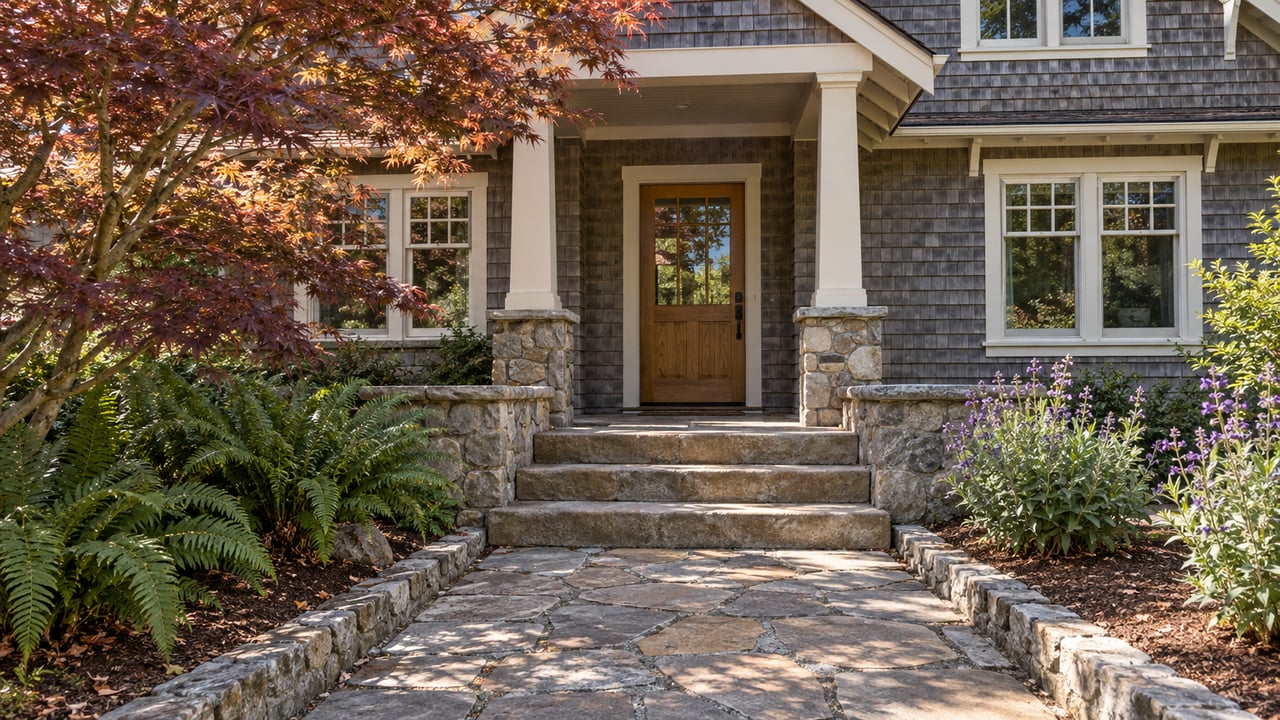 Weathered cedar-shingle home with an oak entry door, sandstone steps and a planted stone garden terrace.