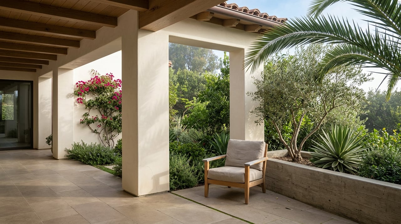 Cream stucco piers frame a garden with an olive tree, magenta bougainvillea, and a teak lounge chair.