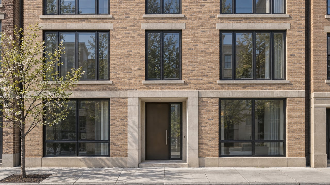 Narrow three-story condominium facade in buff brick, with dark-framed windows and a recessed entry beside a young tree.