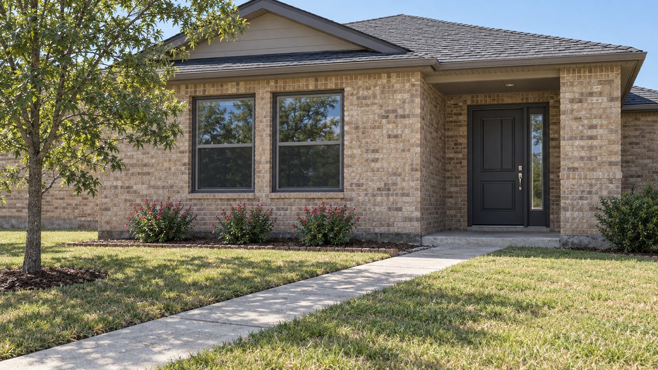 A buff-brick single-story home beyond a deep front lawn, with a concrete entry walk, dark framed windows and a young oak.