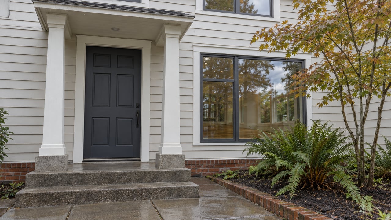 Rain-damp siding, a charcoal paneled door, and white-trimmed windows at a compact home entrance beside a vine maple and sword ferns.