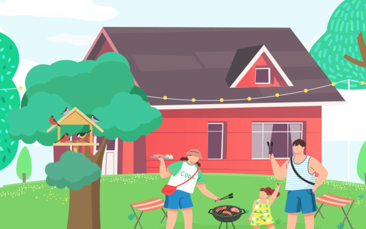 Family barbecues in a backyard beside a red house, with string lights and a bird feeder.