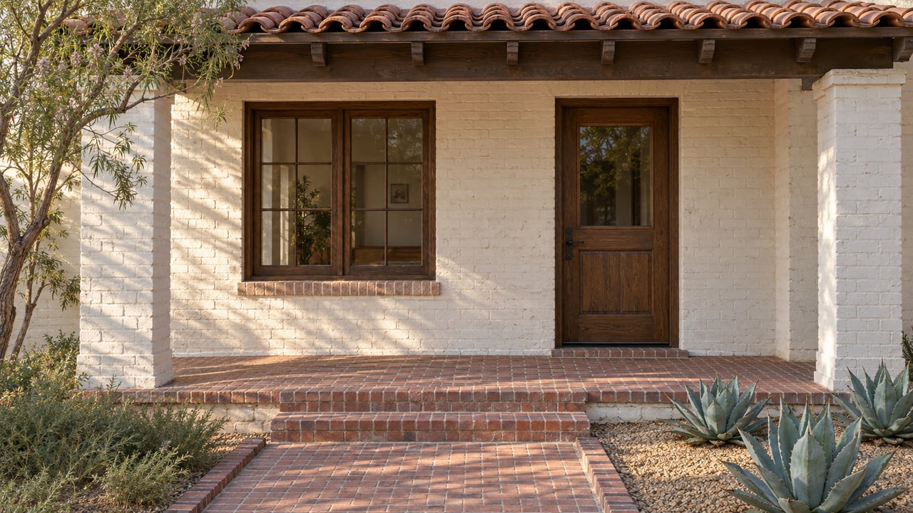 Ivory masonry home with a terracotta porch roof, oak entry door, brick steps and a desert willow beside the porch.
