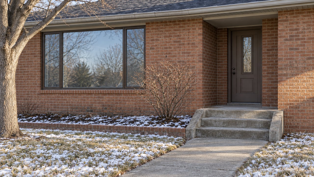 Winter morning light on a russet brick home's enclosed entry, bronze-framed window and cleared concrete steps beside snow-dusted lawn.