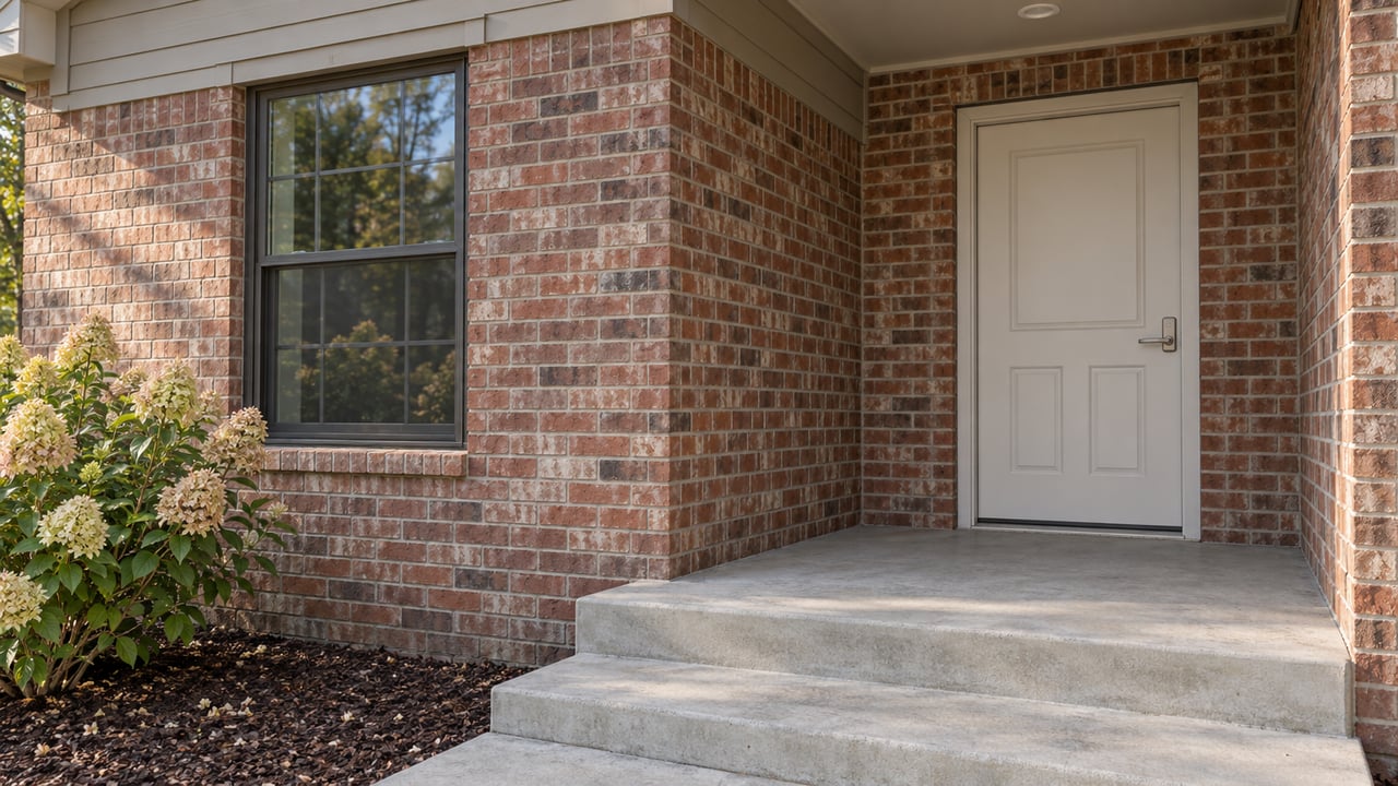 Off-white paneled front door and bronze-framed window set in red and buff brick, beside a fading hydrangea.