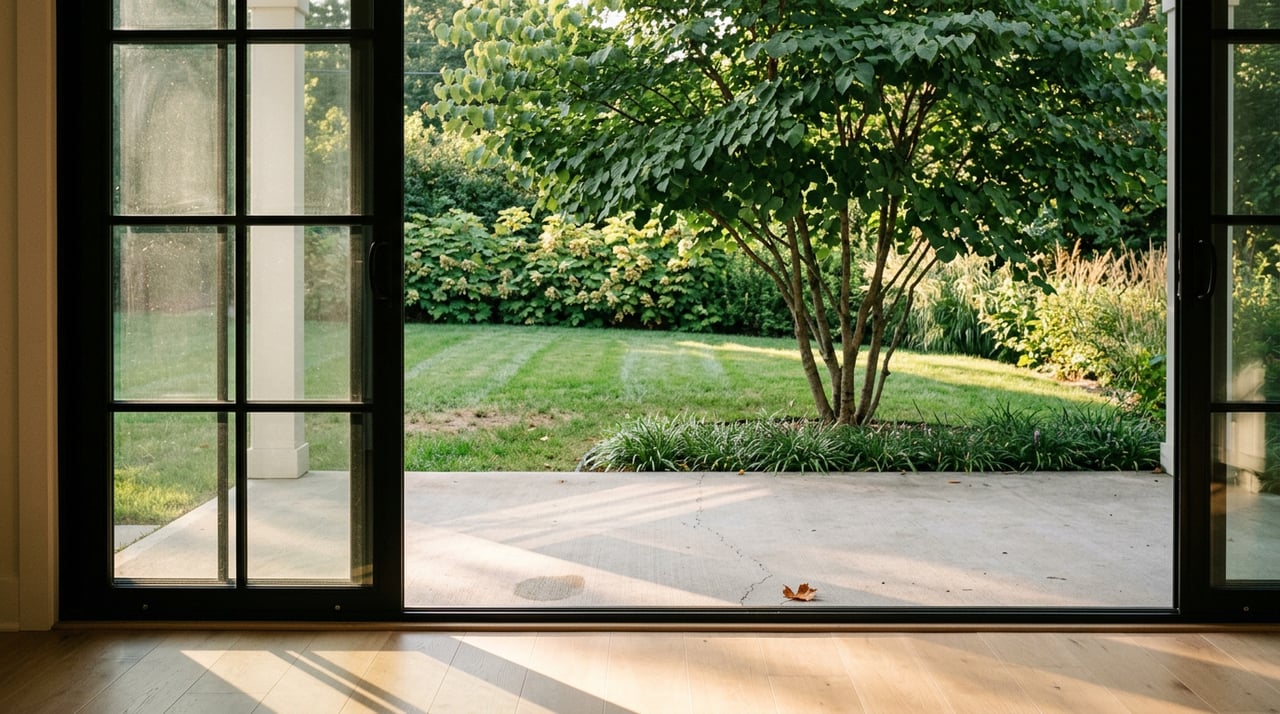 Backyard through an open sliding door, with sunlit patio, sloping lawn, and a multi-stem tree.