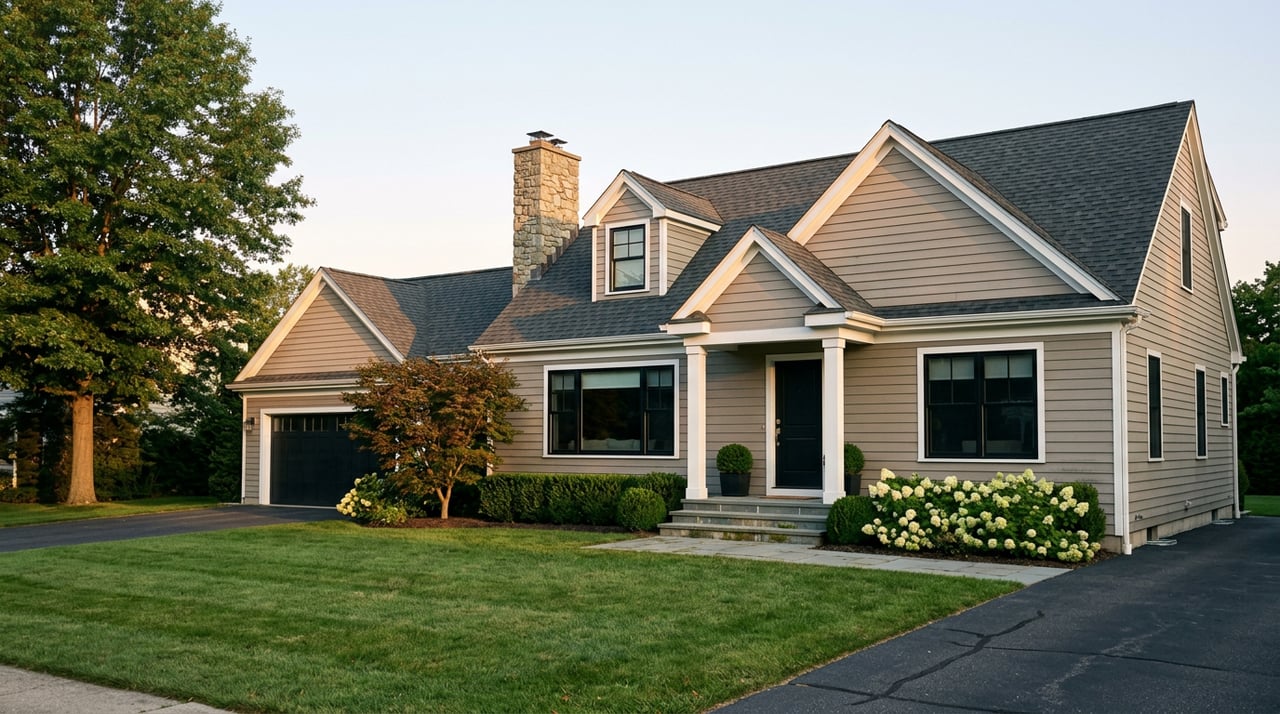Taupe clapboard home with charcoal gables, stone chimney, and mature oak bordering its front lawn.