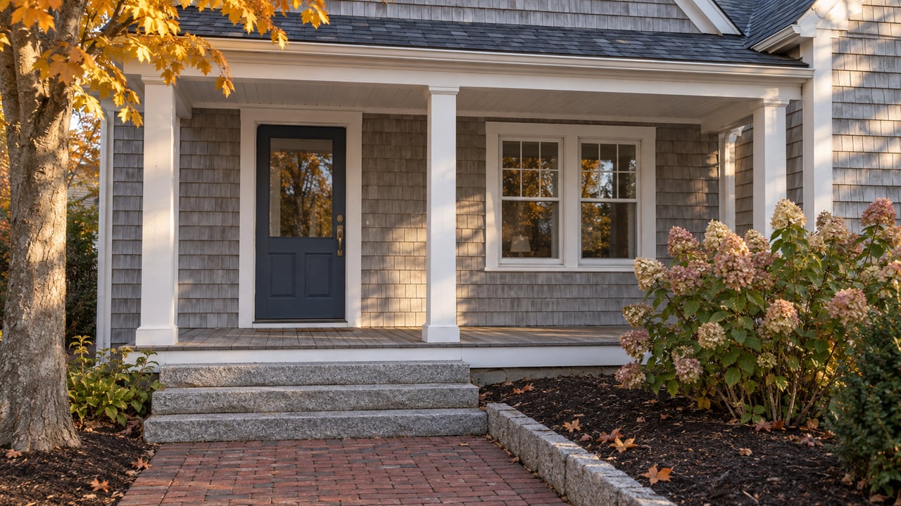 Autumn light crosses a gray-shingled cottage porch with a blue glazed door, granite steps, brick approach and faded hydrangea flowers.