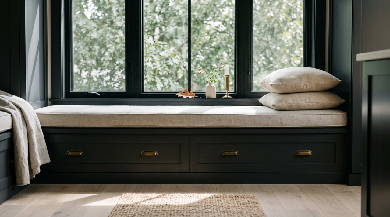 Built-in charcoal window seat with oatmeal pillows beneath a black steel window overlooking oak leaves.