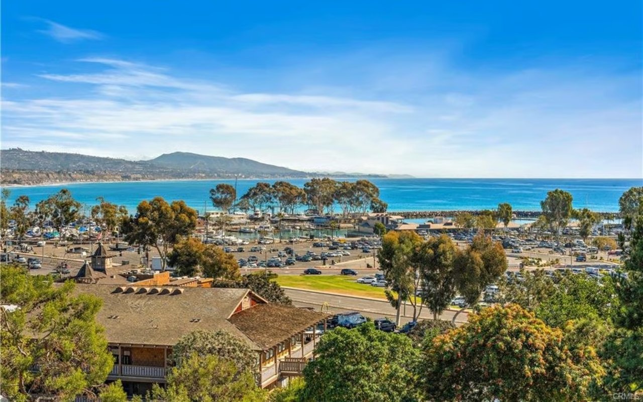 Coastal harbor and marina with Pacific Ocean, distant hills, and homes in the foreground.