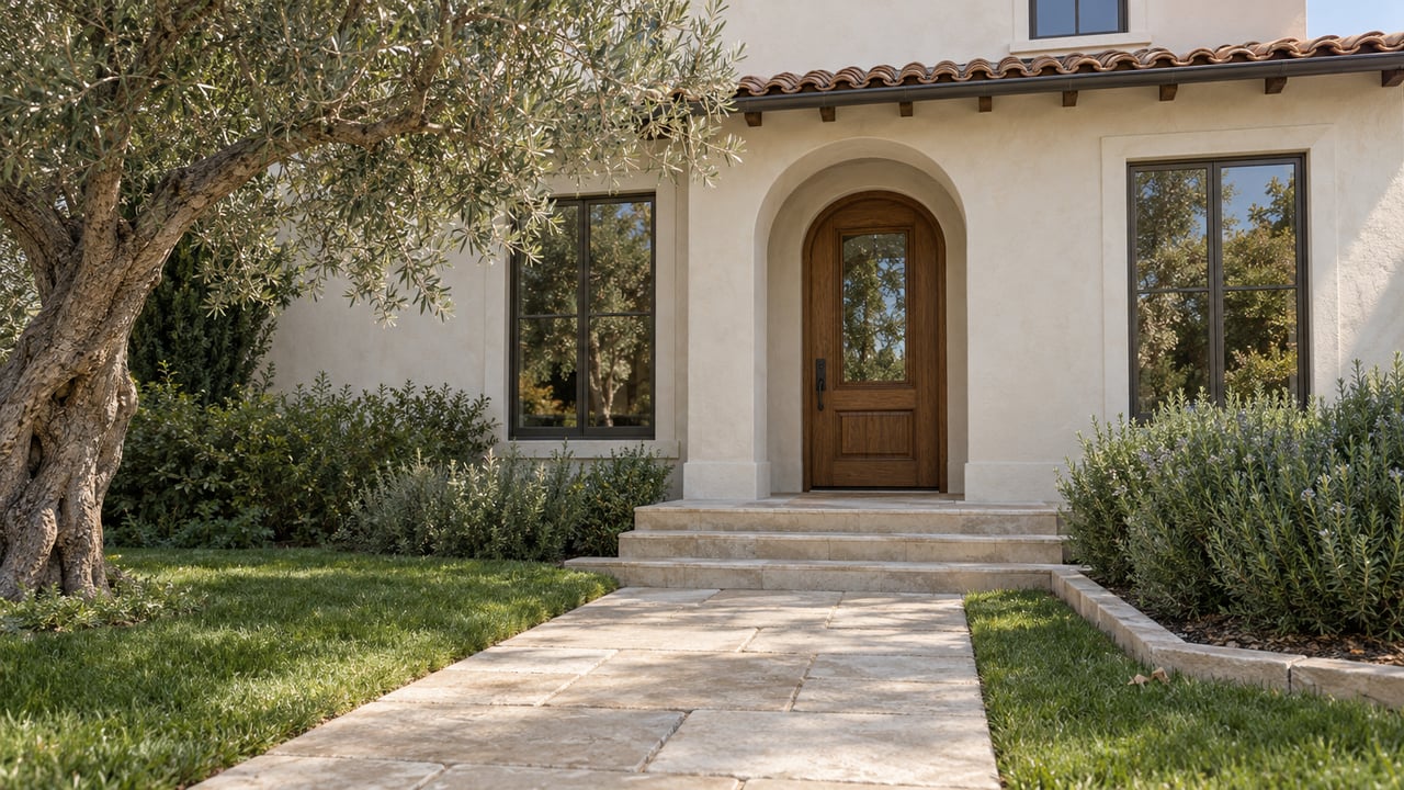 Ivory stucco residence with an arched oak entry, terracotta eaves, limestone approach and a mature olive tree.