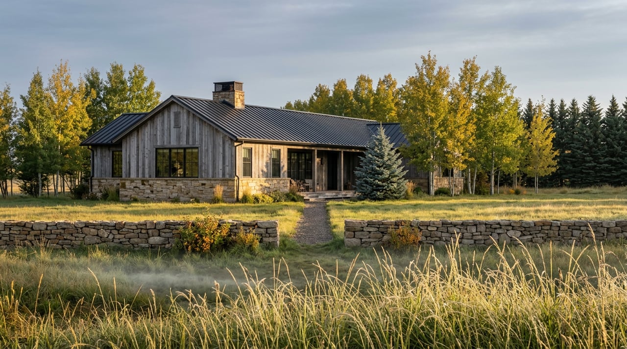 Stone-and-cedar ranch compound beyond a meadow, with a fieldstone wall and golden aspens behind the roof.