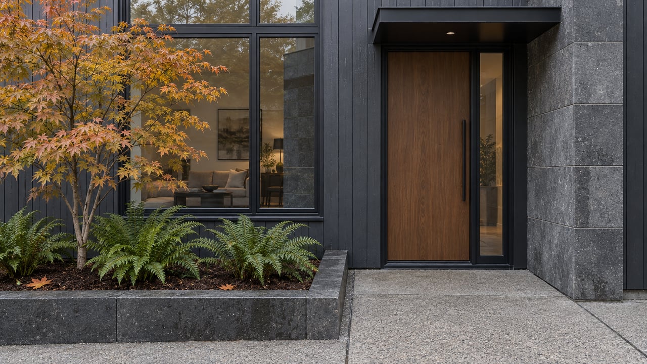 Contemporary townhome entry with a wood door, charcoal siding, gray basalt cladding, and a small maple beside a concrete approach.