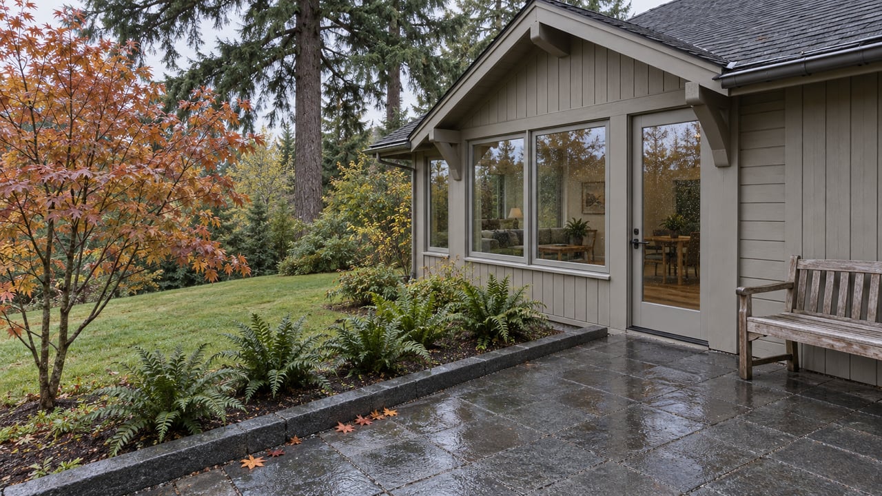Rain-darkened basalt terrace beside a gray cedar-clad gabled home, with a sloping autumn lawn, vine maple and mature evergreen trees.