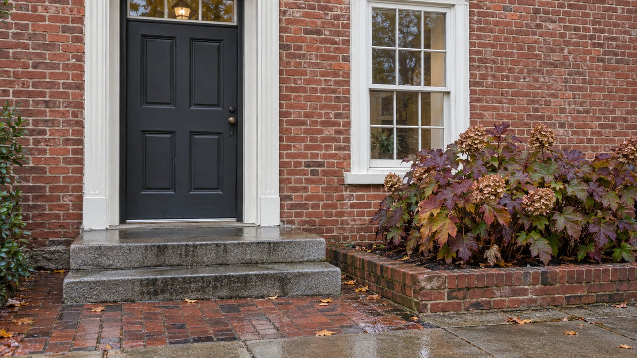 Brick entry with charcoal door, granite steps, and burgundy oakleaf hydrangea leaves on the wet paving.