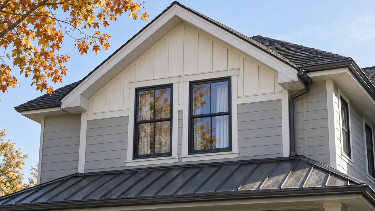 Autumn light on an off-white gabled home with paired black-framed windows, gray siding and a charcoal metal entry roof.