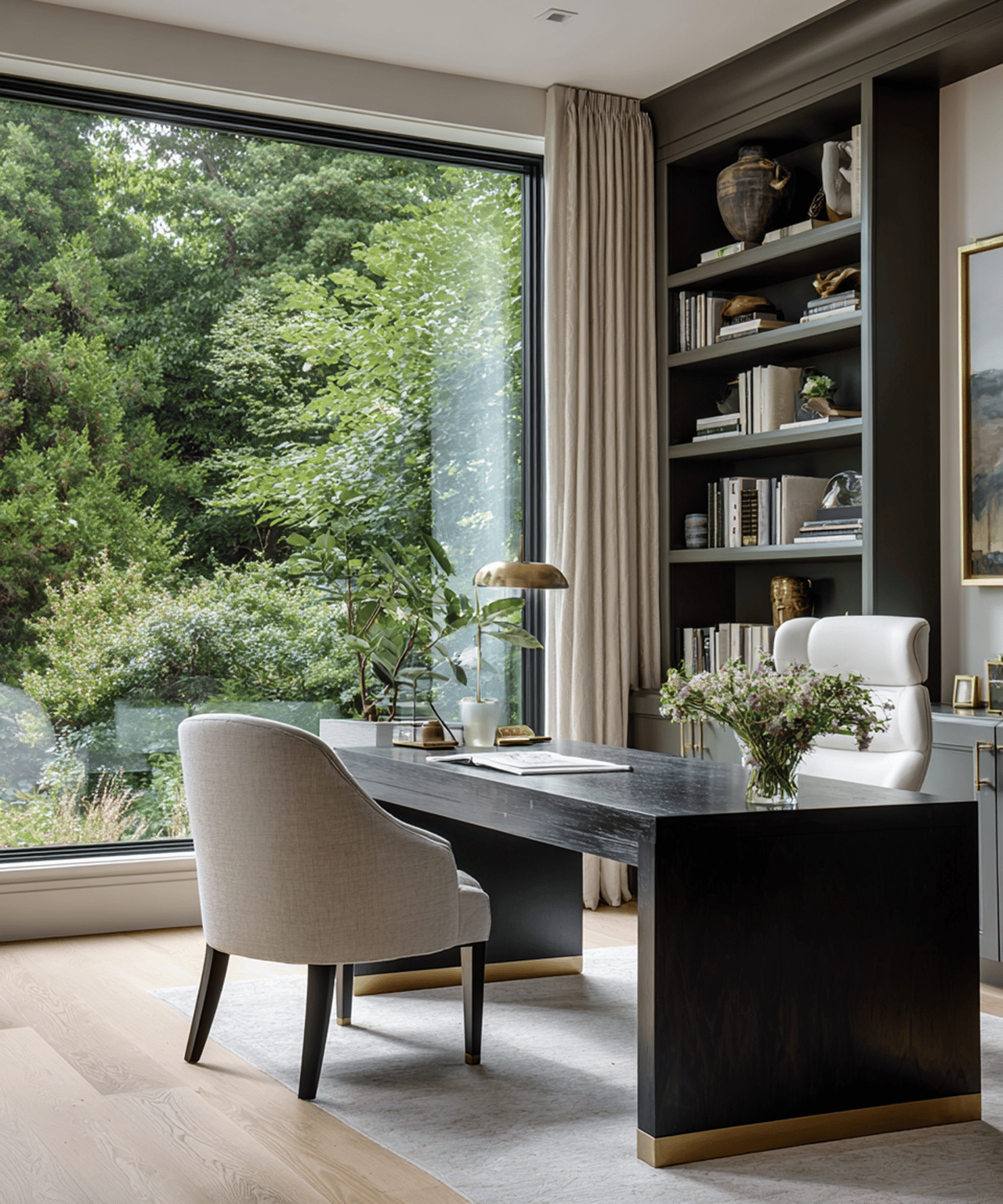 Furnished home office with a dark desk and built-in shelves beside a large garden-facing window.