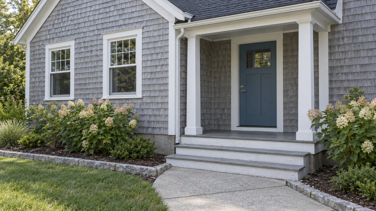 Gray shingled home with a blue entry door, white porch posts, broad steps and flowering hydrangeas beside a concrete walk.