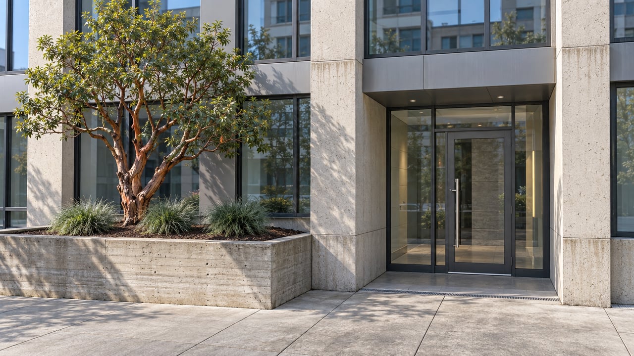 Modern glazed residential entrance framed by pale precast concrete, beside a sculptural peeling-bark tree in a raised concrete planter.