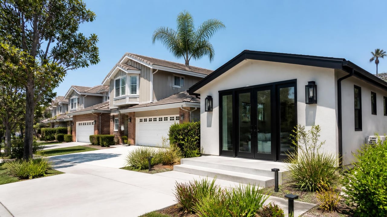 Modern white home with black trim, large glass doors, and landscaped front entry.